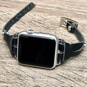 Black Leather Silver Bracelet for Apple iWatch